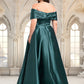 EmeryPiper A-line Off the Shoulder Floor-Length Satin Prom Dresses With Pleated DEP0025851