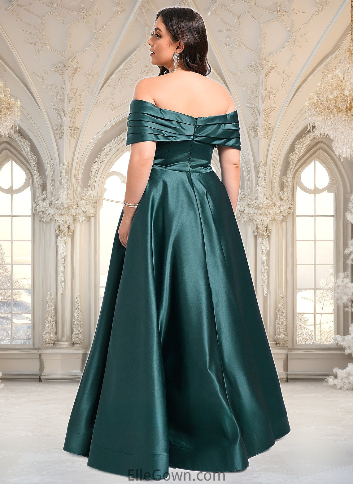 EmeryPiper A-line Off the Shoulder Floor-Length Satin Prom Dresses With Pleated DEP0025851