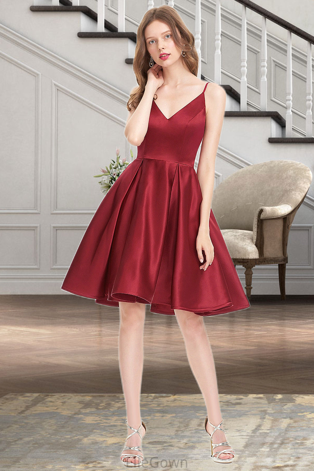 Ina A-line V-Neck Short/Mini Satin Homecoming Dress DEP0020542