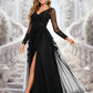 Ashlyn A-line V-Neck Floor-Length Tulle Prom Dresses With Sequins Appliques Lace Beading DEP0025834