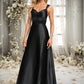 Alisson A-line V-Neck Floor-Length Stretch Satin Prom Dresses With Bow DEP0025882