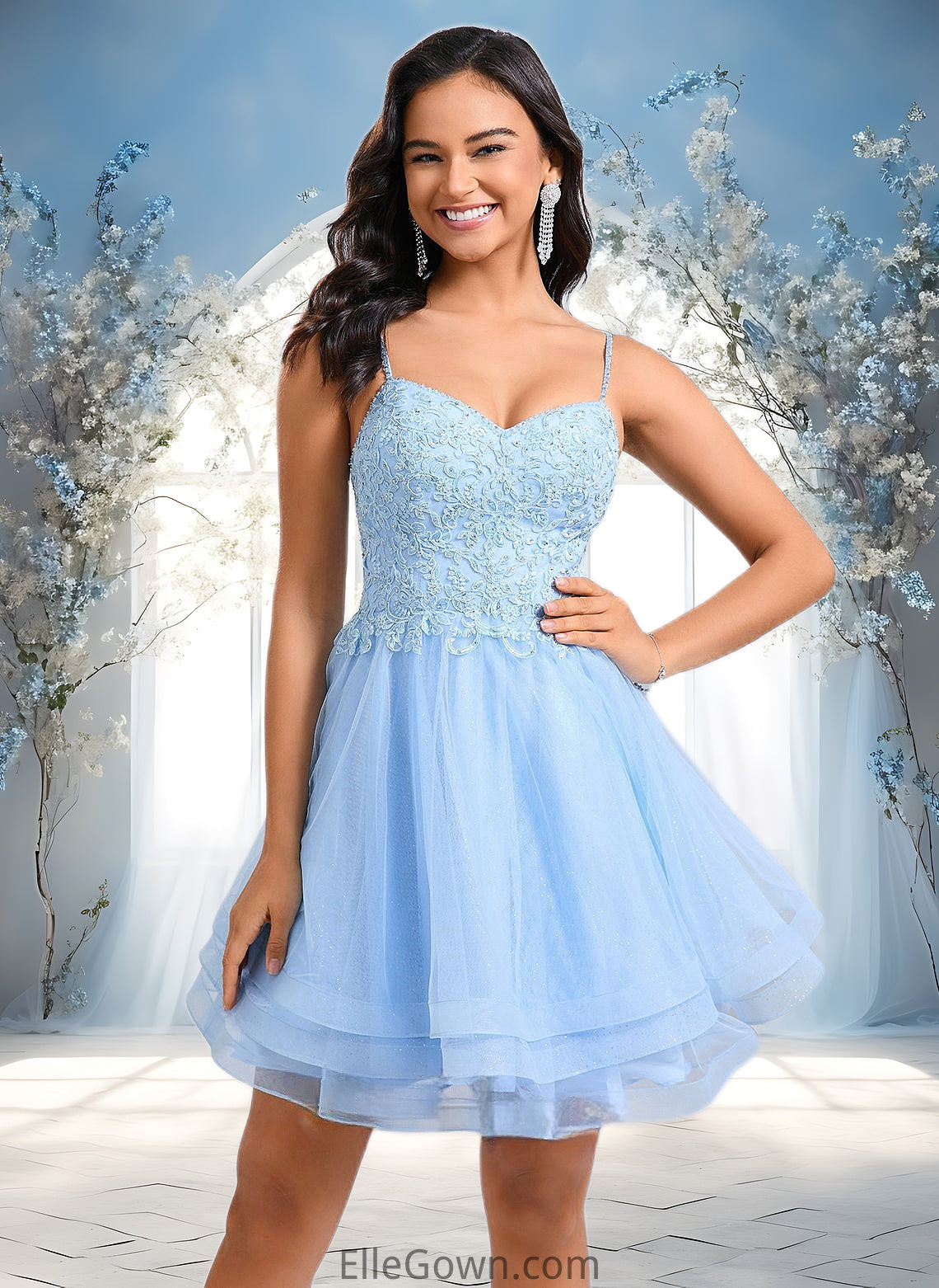 Mildred A-line V-Neck Short Lace Tulle Homecoming Dress With Rhinestone Sequins DEP0025658