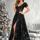 Claudia A-line V-Neck Sweep Train Floral Lace Prom Dresses With Sequins DEP0025869