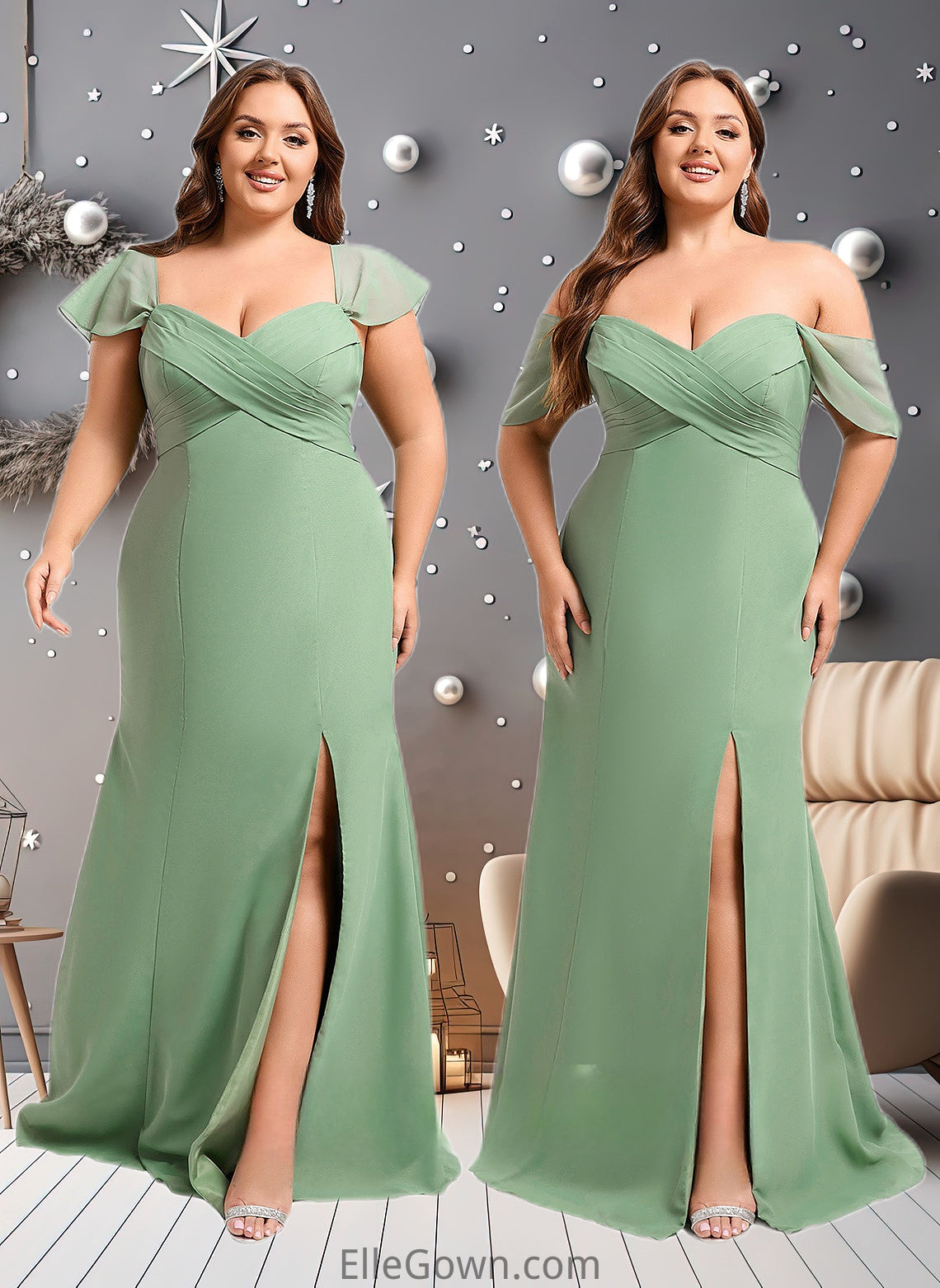 Savanah Trumpet/Mermaid Off the Shoulder V-Neck Floor-Length Chiffon Bridesmaid Dress DEP0025810