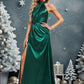 Iris A-line Halter Floor-Length Stretch Satin Bridesmaid Dress With Ruffle DEP0025817