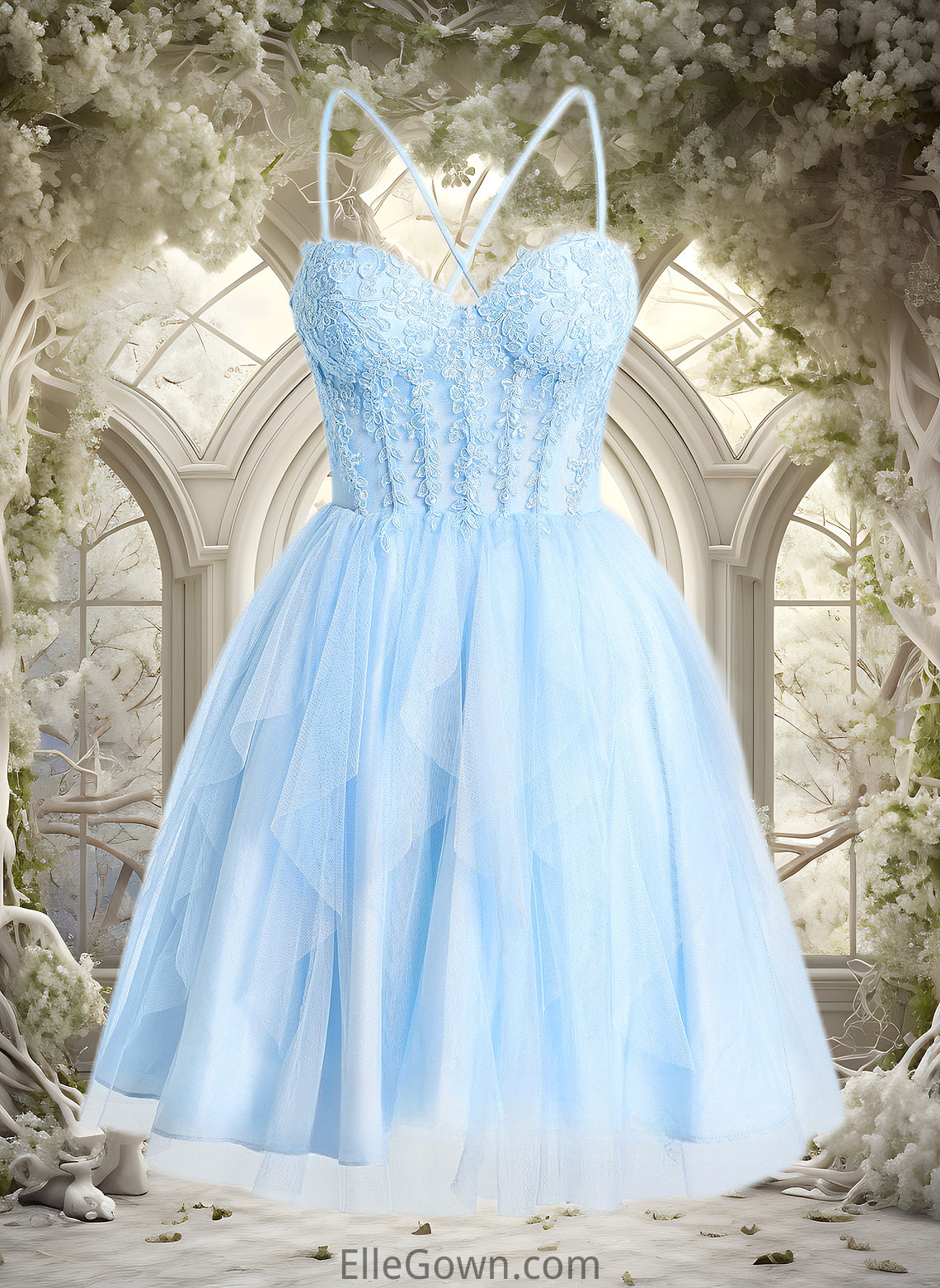 Janelle Ball-Gown/Princess Sweetheart Short Lace Tulle Homecoming Dress With Ruffle DEP0025707