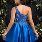 Tara A-line One Shoulder Short Satin Homecoming Dress With Appliques Lace Sequins DEP0025657