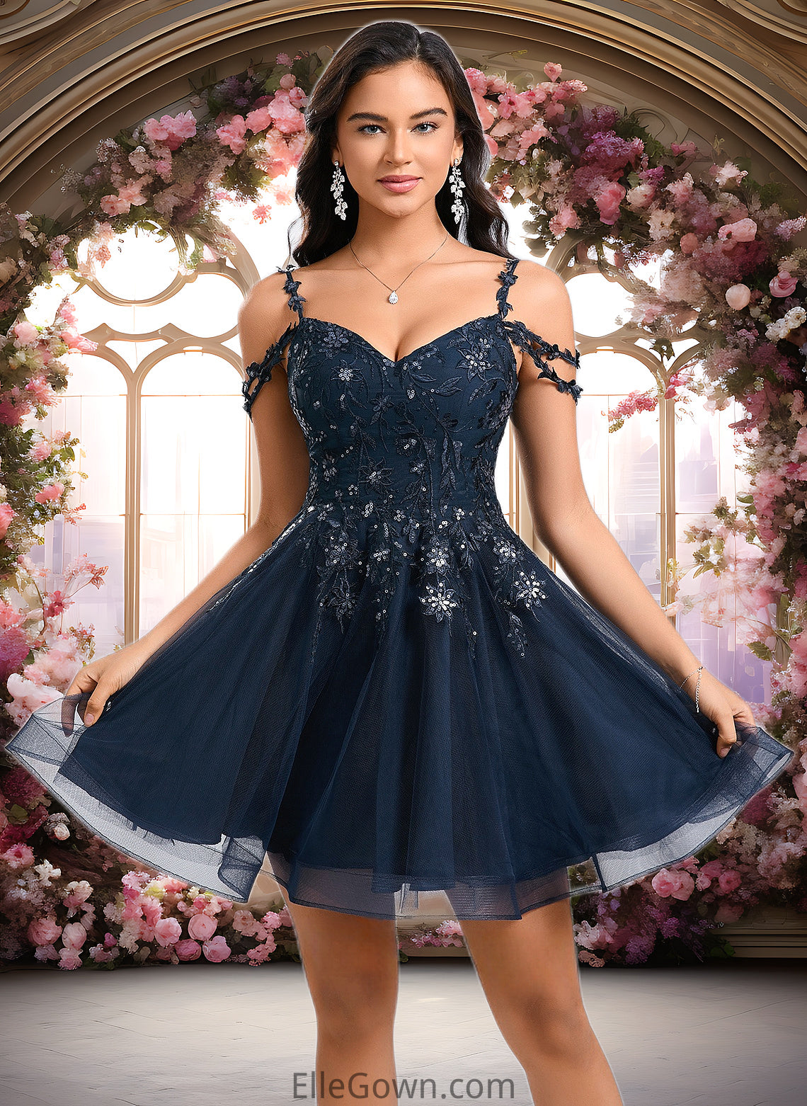 Kelsie A-line V-Neck Short Tulle Lace Homecoming Dress With Sequins DEP0025642