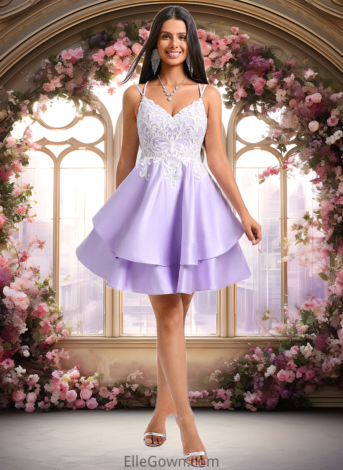 Anabel A-line V-Neck Short Satin Homecoming Dress With Appliques Lace DEP0025696