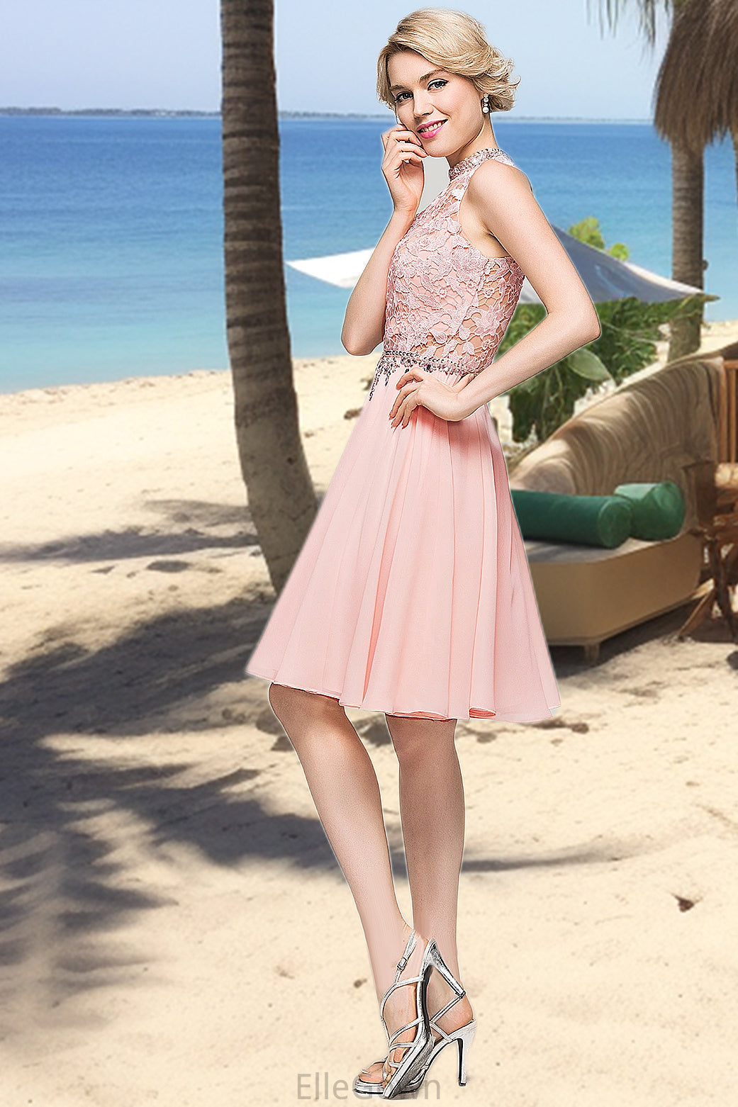 Paisley A-line High Neck Knee-Length Chiffon Lace Homecoming Dress With Beading Sequins DEP0020596