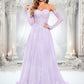 Megan A-line Sweetheart Sweep Train Tulle Prom Dresses With Sequins Appliques Lace DEP0025856