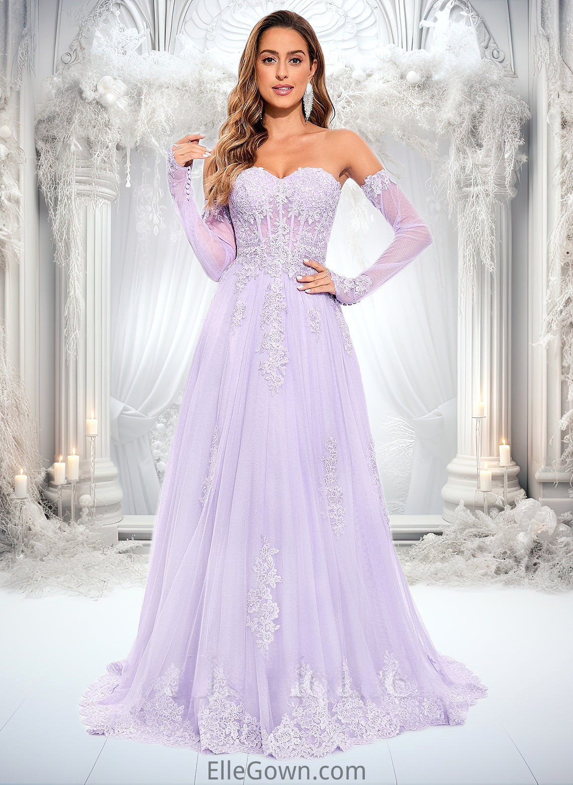 Megan A-line Sweetheart Sweep Train Tulle Prom Dresses With Sequins Appliques Lace DEP0025856