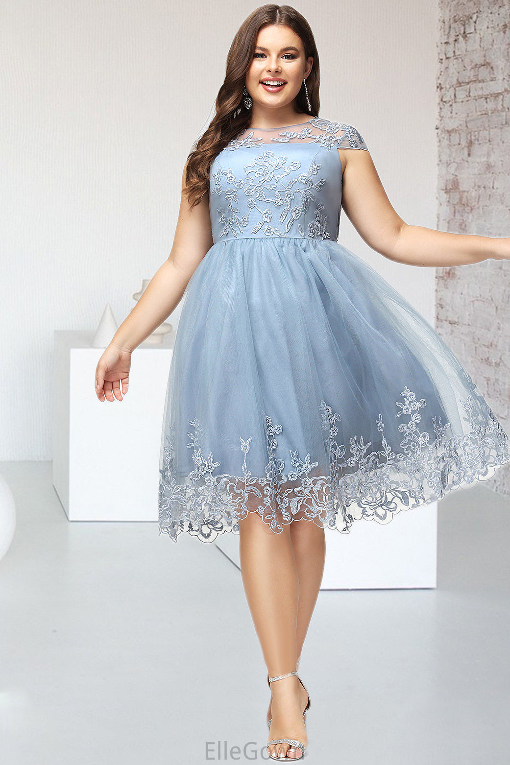 Akira A-line Scoop Knee-Length Lace Tulle Homecoming Dress With Sequins DEP0020579