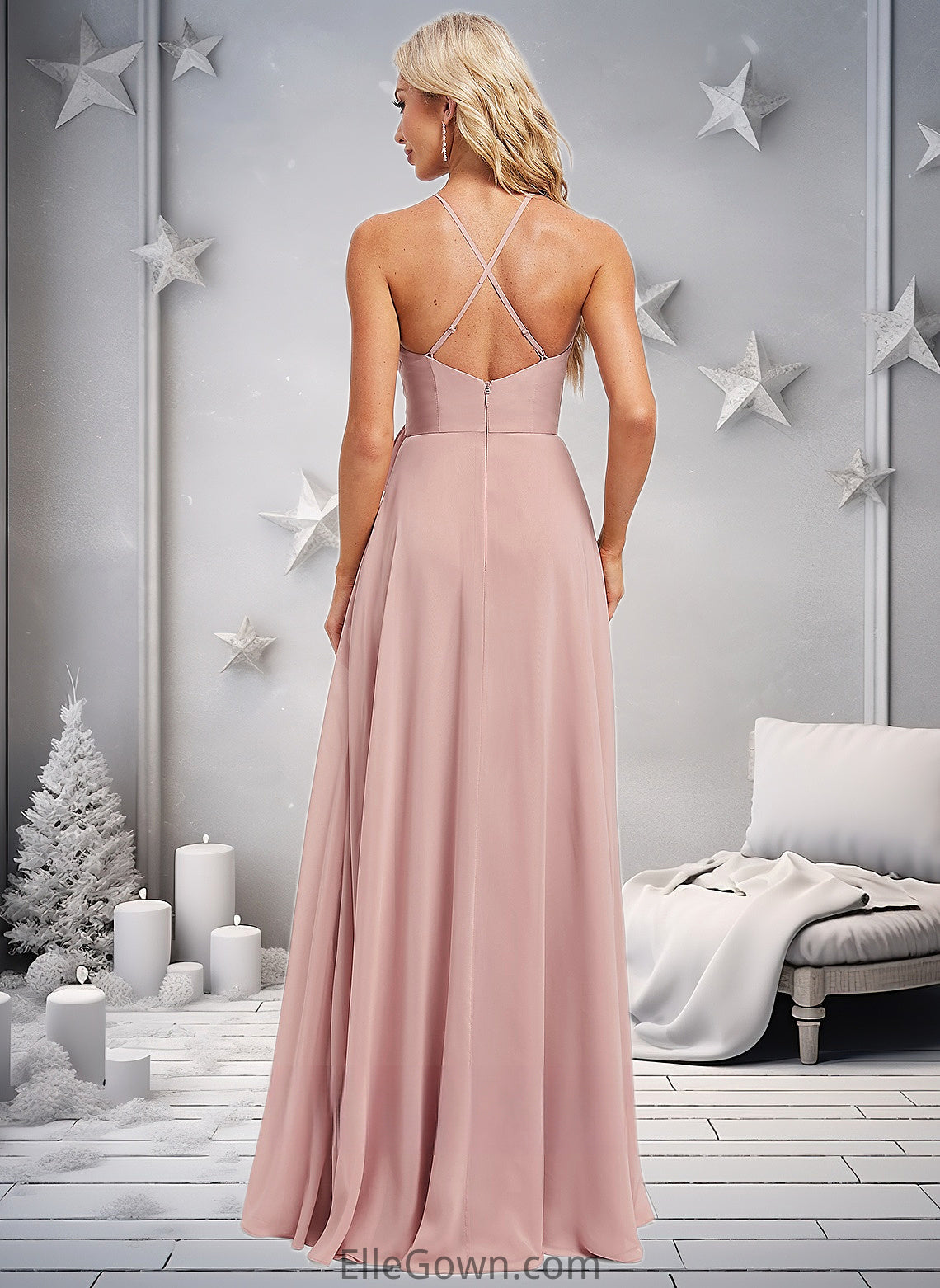 Gwendolyn A-line Halter Floor-Length Chiffon Bridesmaid Dress DEP0025821