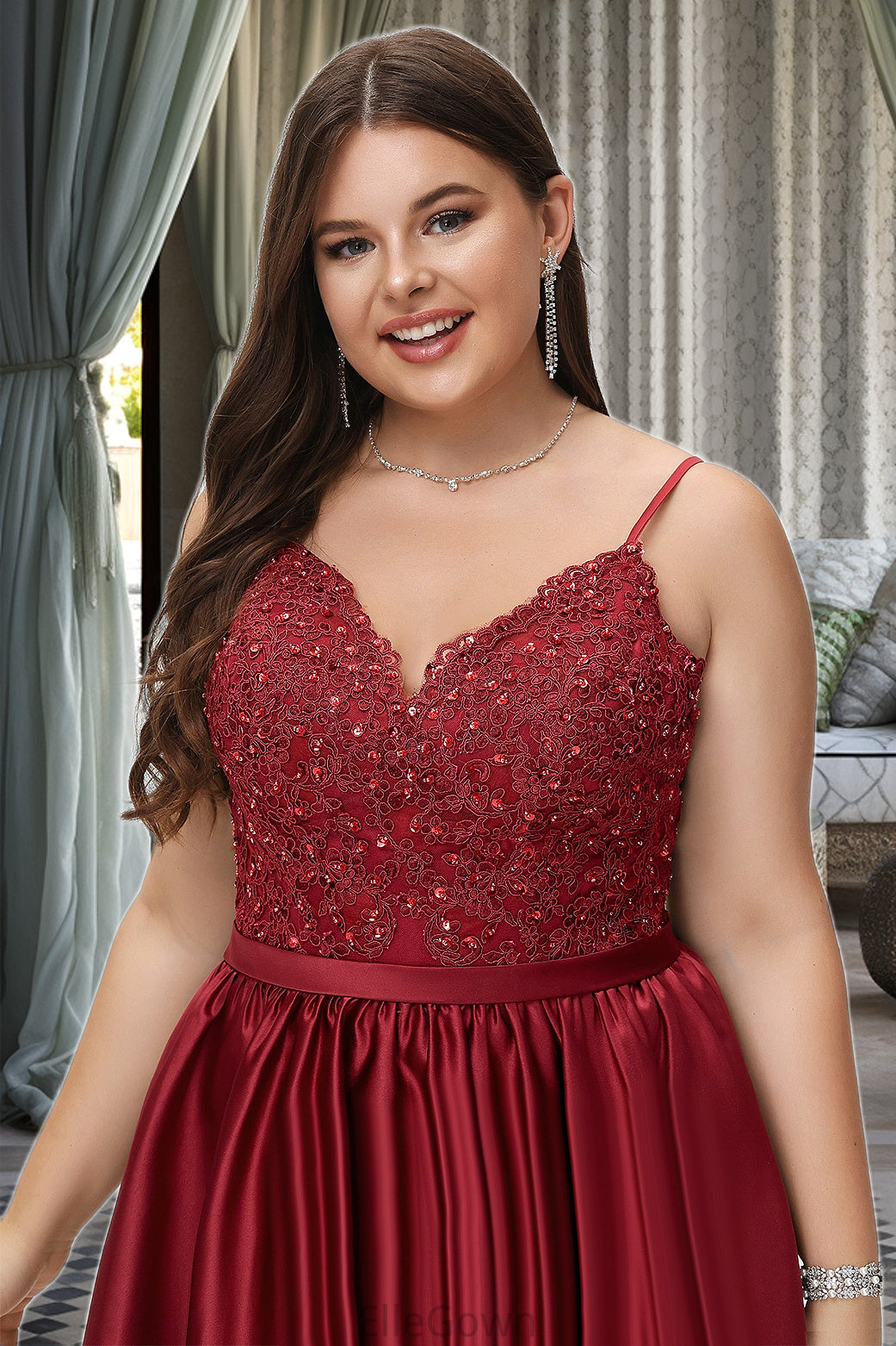 Jimena A-line V-Neck Short/Mini Lace Satin Homecoming Dress With Beading DEP0020554