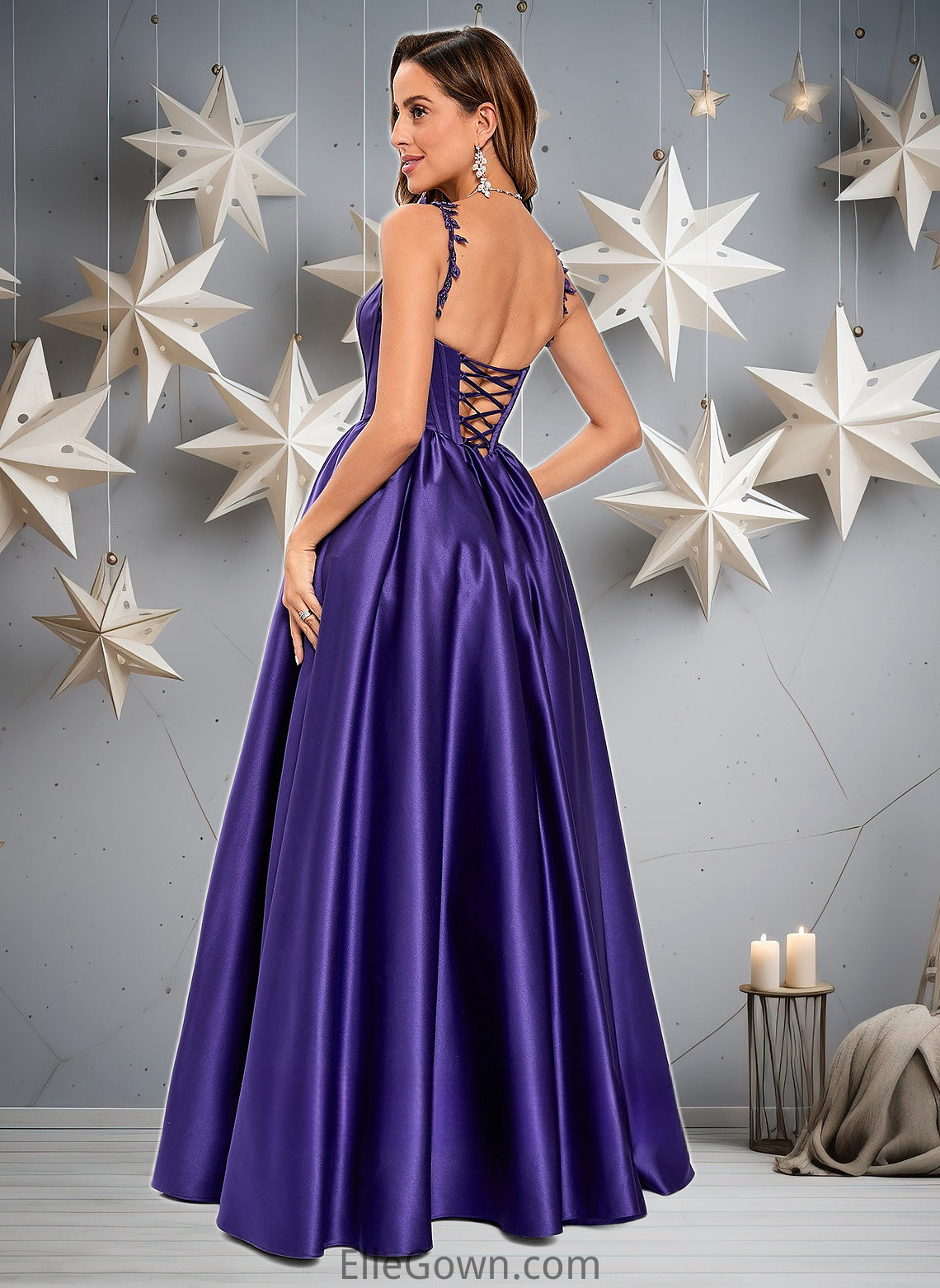 Brynlee Ball-Gown/Princess Scoop Floor-Length Satin Prom Dresses With Appliques Lace Beading DEP0025865