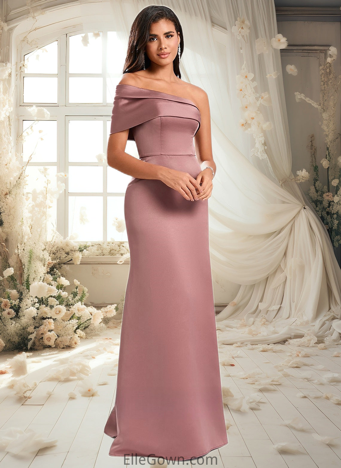 Lillian A-line Asymmetrical Off the Shoulder Floor-Length Satin Prom Dresses DEP0025884