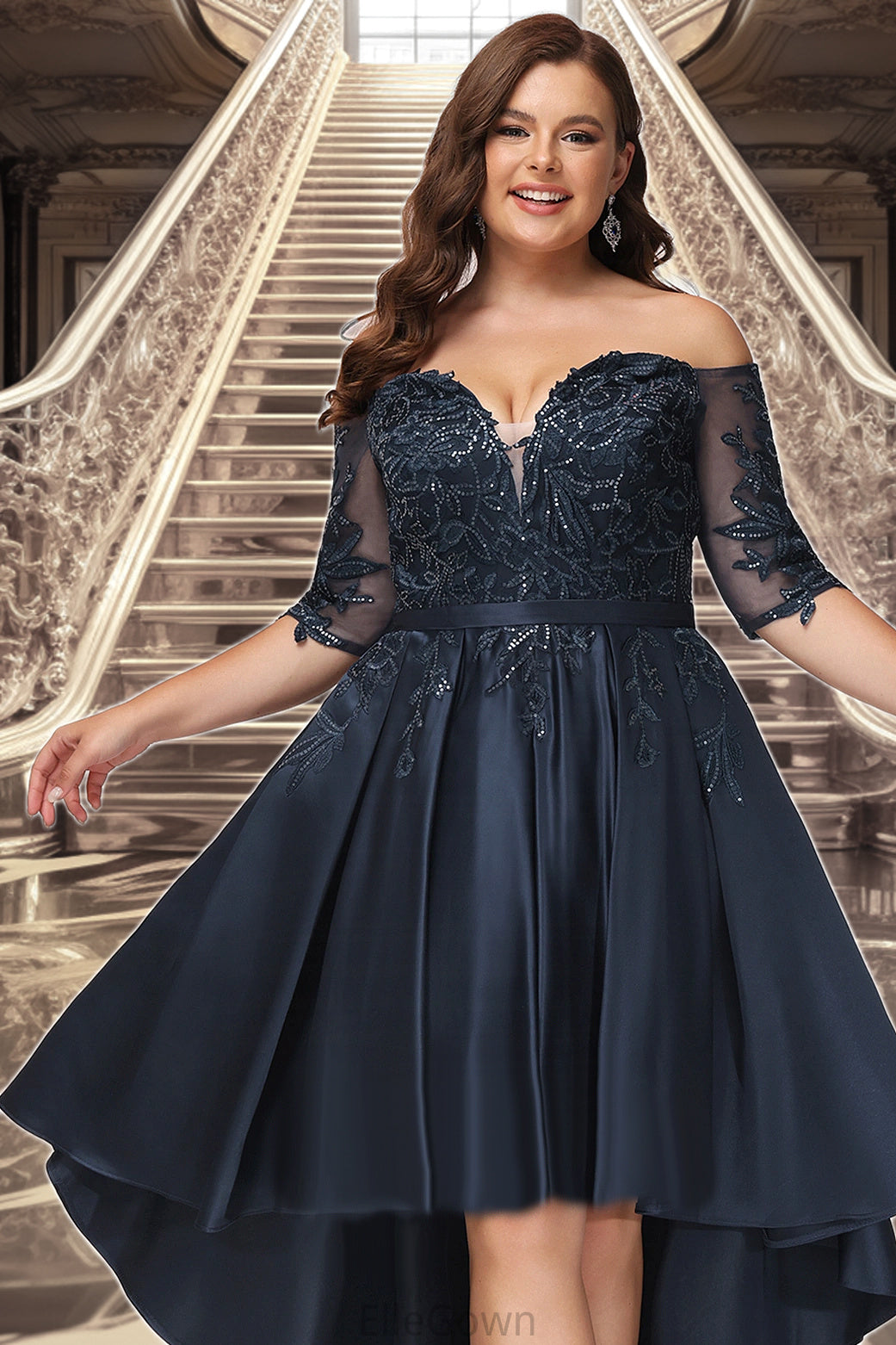 Carla A-line Off the Shoulder Asymmetrical Lace Satin Homecoming Dress With Sequins DEP0020580