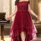 Jaylene A-line Off the Shoulder Asymmetrical Lace Tulle Homecoming Dress With Beading Bow Sequins DEP0020535