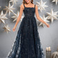 Kelsie A-line Square Floor-Length Organza Lace Floral Prom Dresses With Sequins DEP0025844