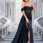 Stephanie Trumpet/Mermaid Off the Shoulder Sweep Train Satin Prom Dresses With Sequins Appliques Lace DEP0025835