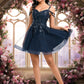 Kelsie A-line V-Neck Short Tulle Lace Homecoming Dress With Sequins DEP0025642