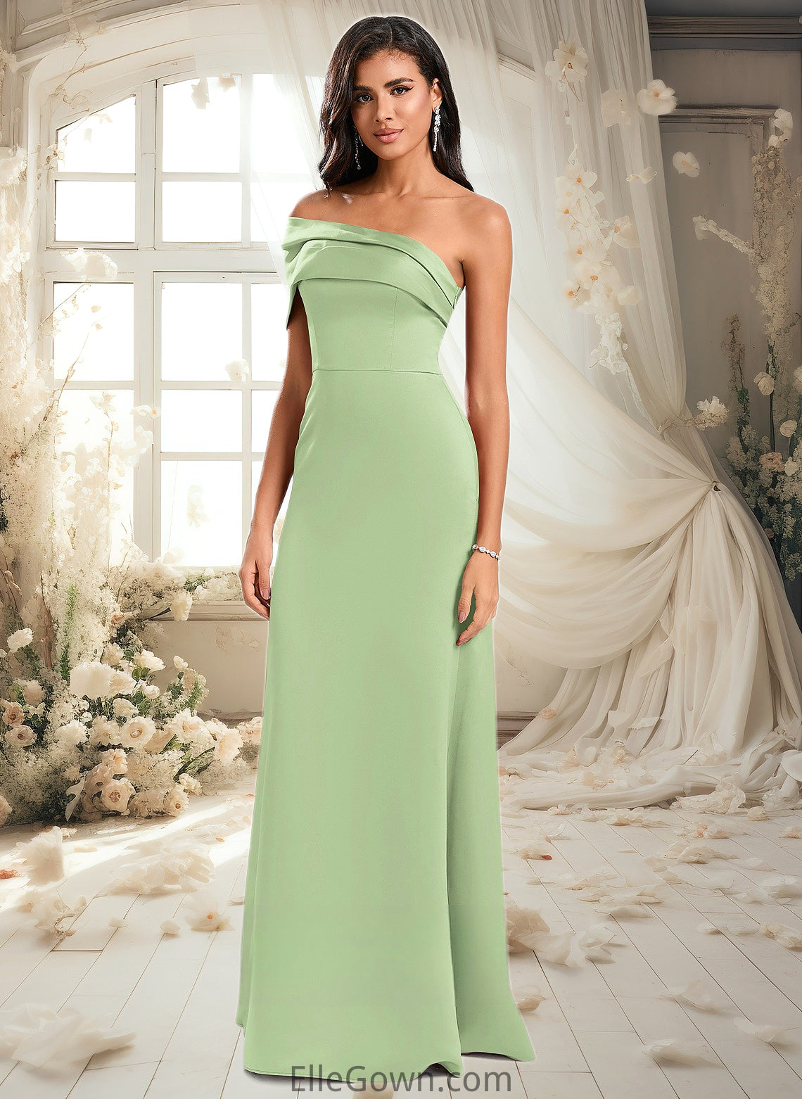 Lillian A-line Asymmetrical Off the Shoulder Floor-Length Satin Prom Dresses DEP0025884