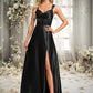 Alisson A-line V-Neck Floor-Length Stretch Satin Prom Dresses With Bow DEP0025882