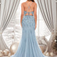 Margery Trumpet/Mermaid Straight Sweep Train Tulle Prom Dresses With Flower DEP0025866