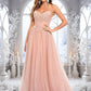 Maeve Ball-Gown/Princess V-Neck Floor-Length Tulle Prom Dresses With Sequins Appliques Lace DEP0025837