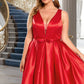 Nicola A-line V-Neck Short/Mini Satin Homecoming Dress With Bow DEP0020583