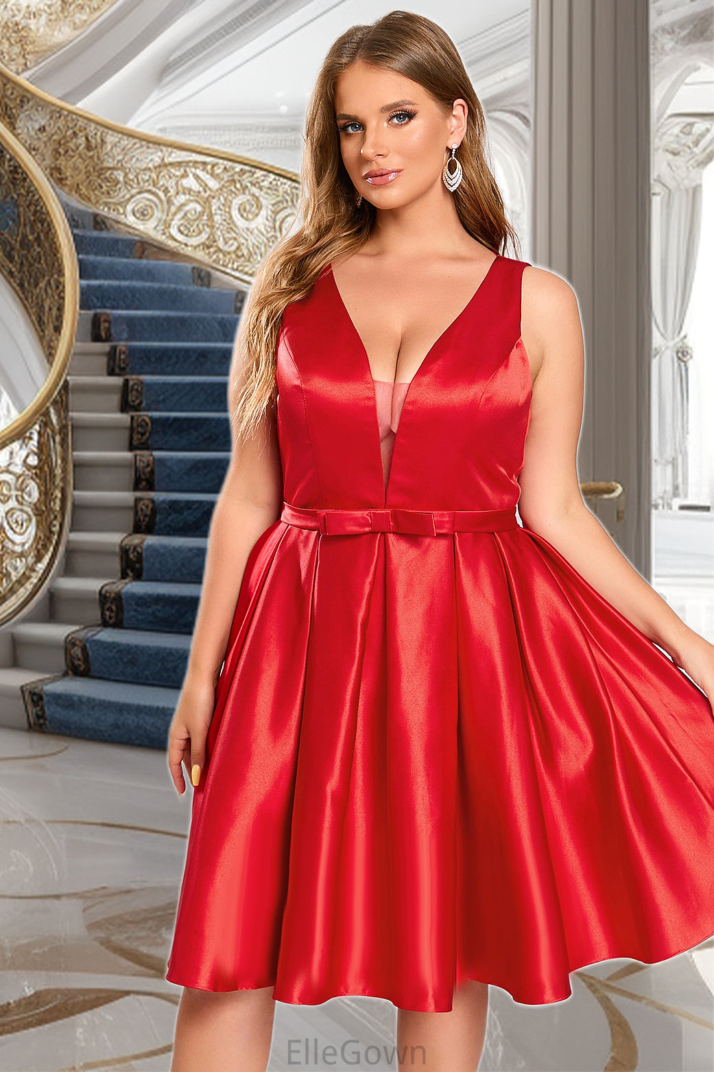 Nicola A-line V-Neck Short/Mini Satin Homecoming Dress With Bow DEP0020583