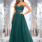 Maeve Ball-Gown/Princess V-Neck Floor-Length Tulle Prom Dresses With Sequins Appliques Lace DEP0025837