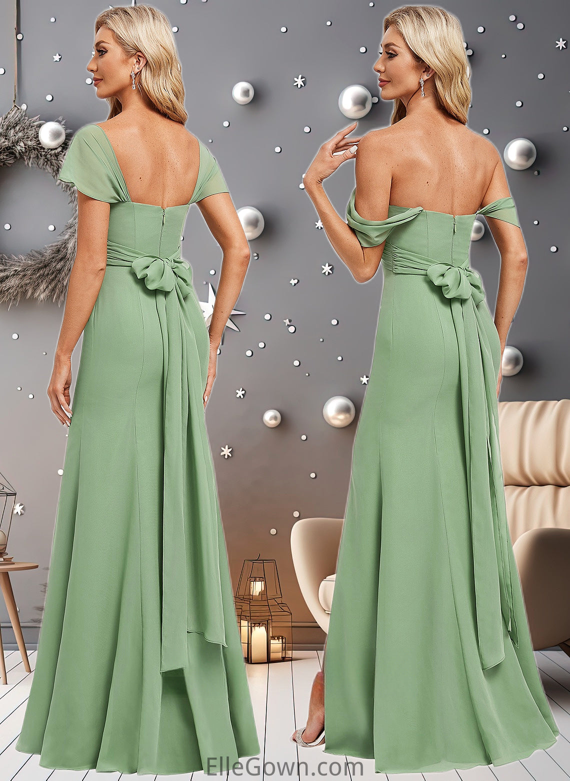 Savanah Trumpet/Mermaid Off the Shoulder V-Neck Floor-Length Chiffon Bridesmaid Dress DEP0025810