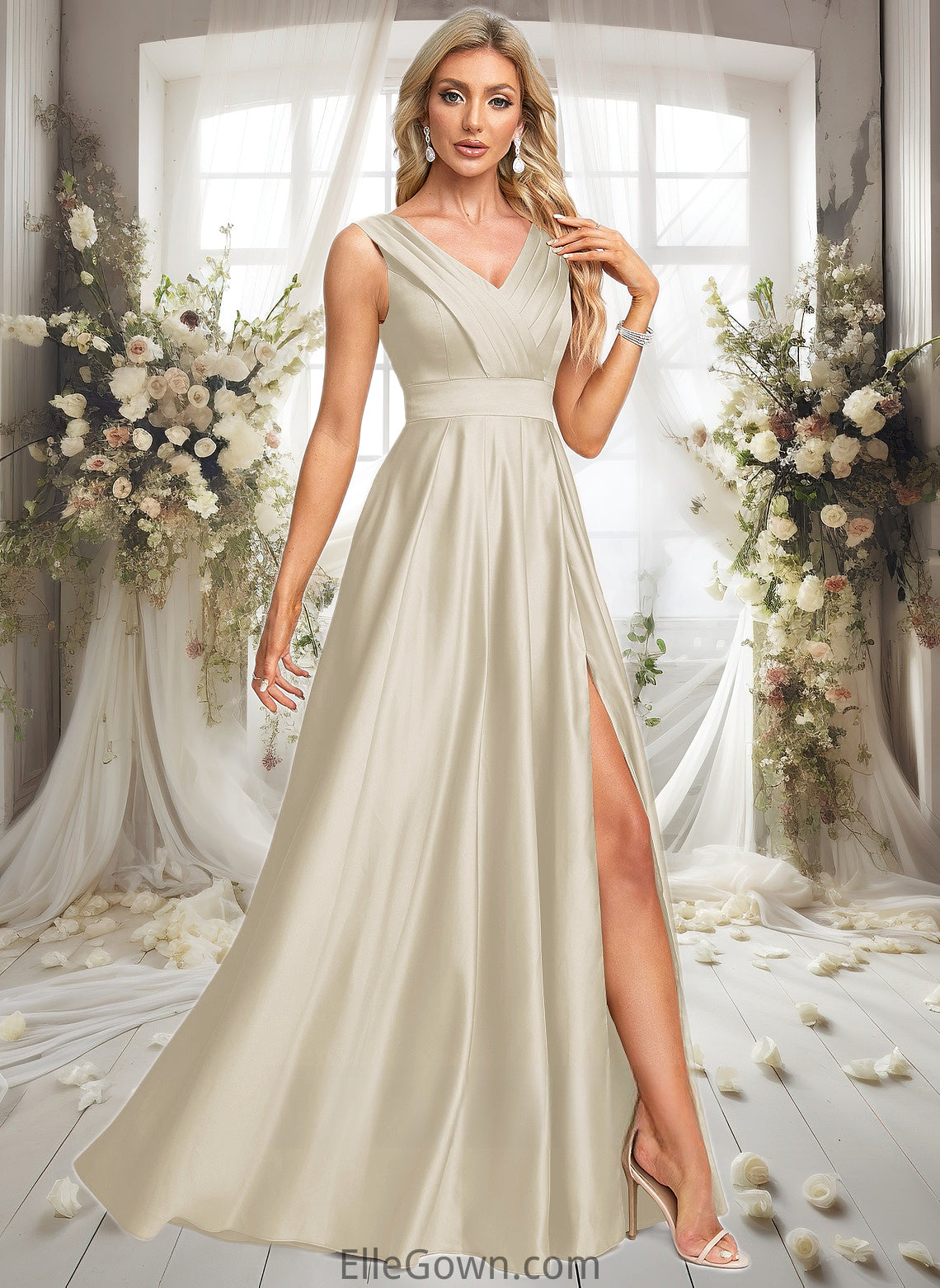 Susie A-line V-Neck Floor-Length Satin Prom Dresses DEP0025877