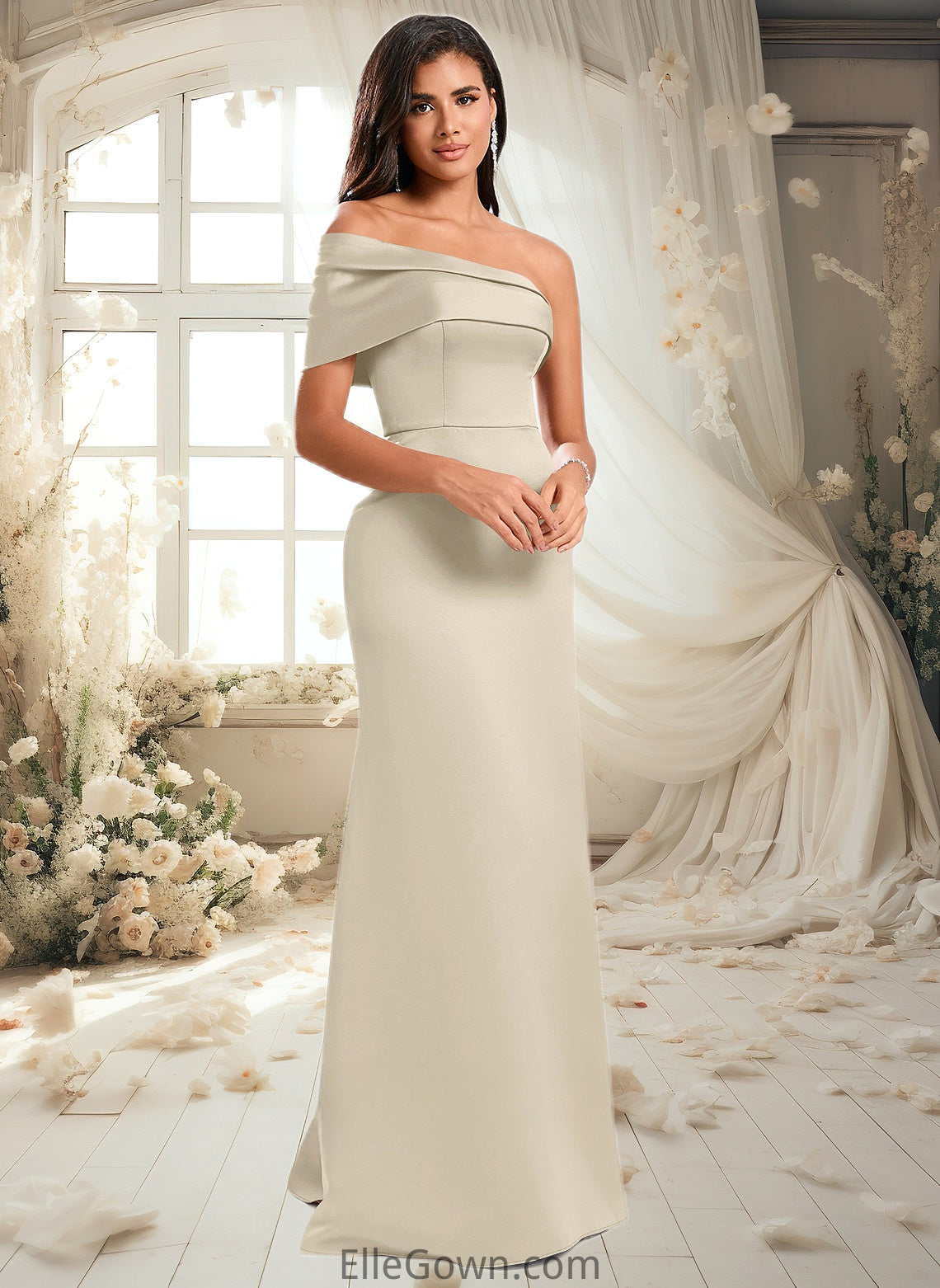 Lillian A-line Asymmetrical Off the Shoulder Floor-Length Satin Prom Dresses DEP0025884