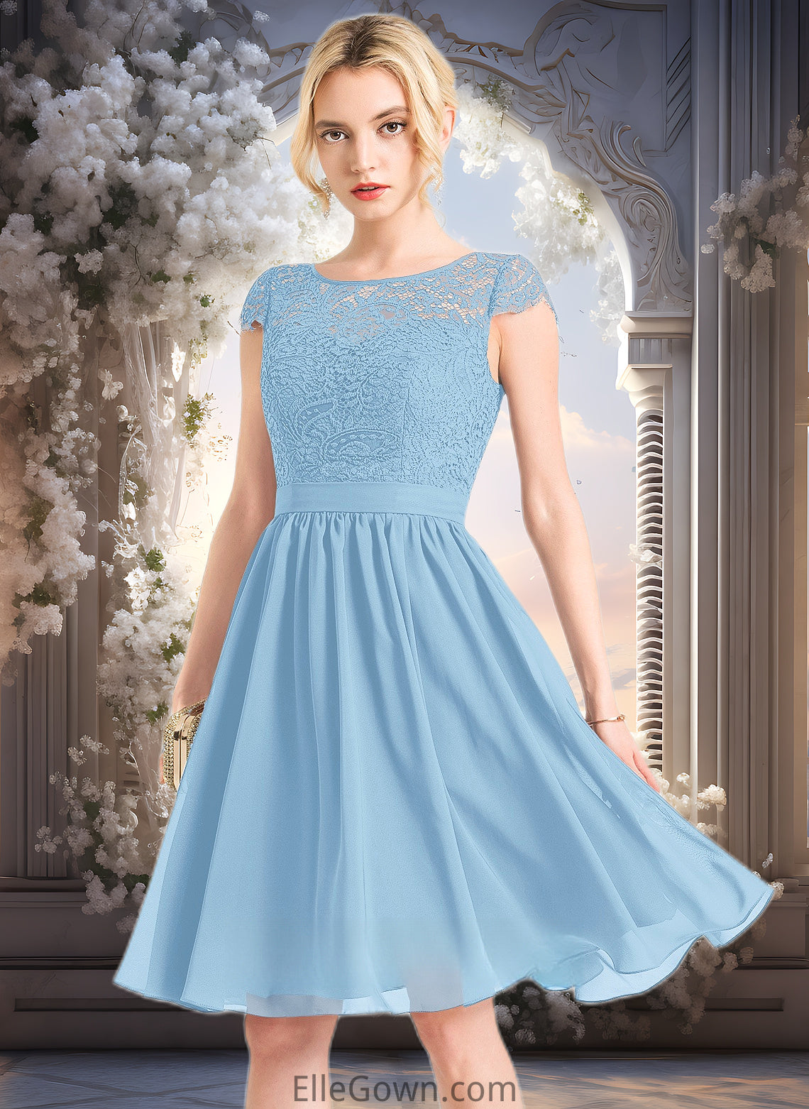 Amira A-line Scoop Knee-Length Lace Chiffon Homecoming Dress DEP0025698