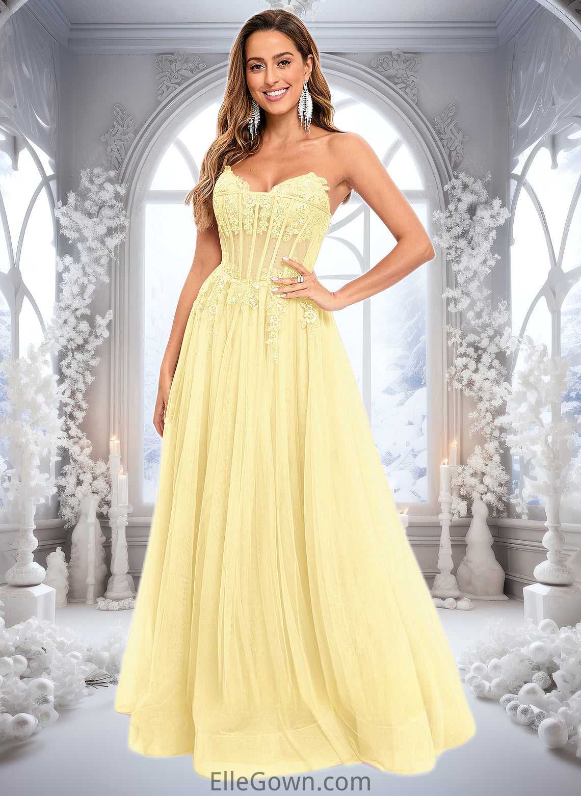 Maeve Ball-Gown/Princess V-Neck Floor-Length Tulle Prom Dresses With Sequins Appliques Lace DEP0025837