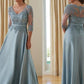 Christina A-Line/Princess Satin Applique V-neck 3/4 Sleeves Floor-Length Mother of the Bride Dresses DEP0020381