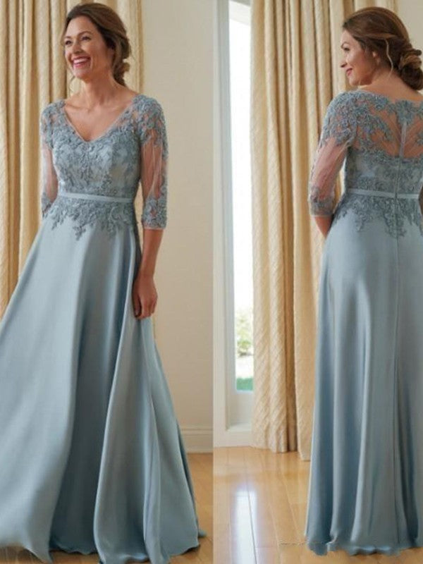 Christina A-Line/Princess Satin Applique V-neck 3/4 Sleeves Floor-Length Mother of the Bride Dresses DEP0020381