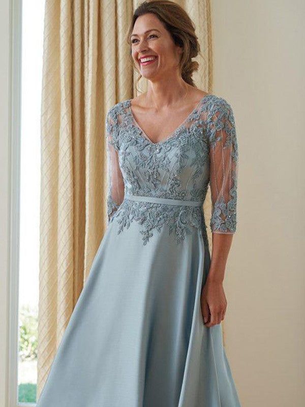 Christina A-Line/Princess Satin Applique V-neck 3/4 Sleeves Floor-Length Mother of the Bride Dresses DEP0020381