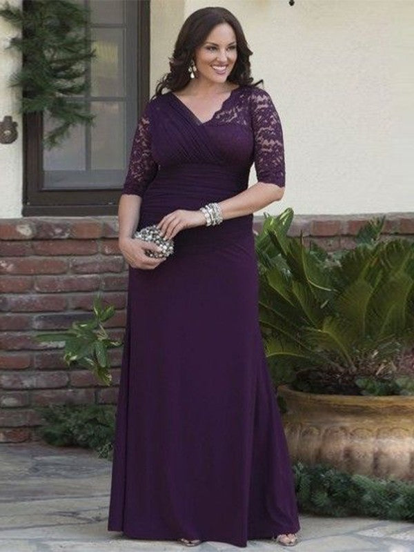 Denise A-Line/Princess Satin Lace V-neck 1/2 Sleeves Floor-Length Mother of the Bride Dresses DEP0020382