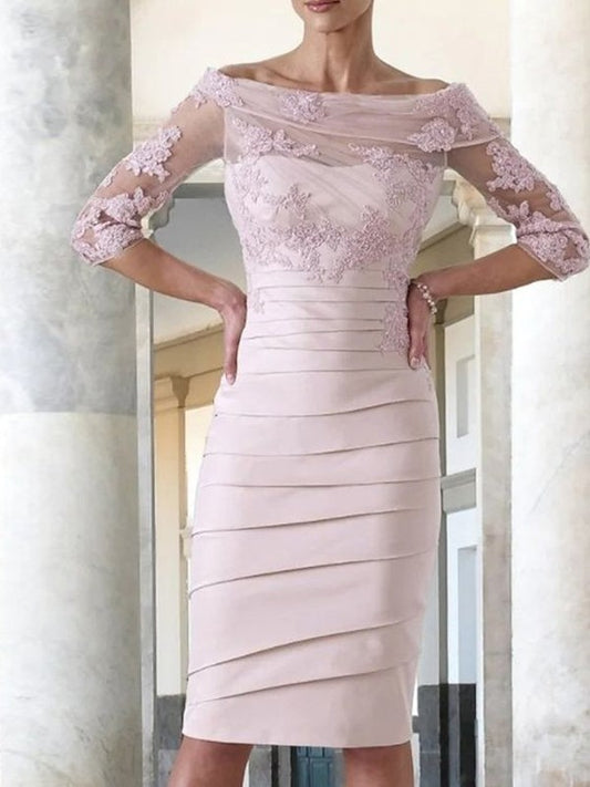 Tatiana Sheath/Column Satin Applique Scoop 3/4 Sleeves Knee-Length Mother of the Bride Dresses DEP0020414