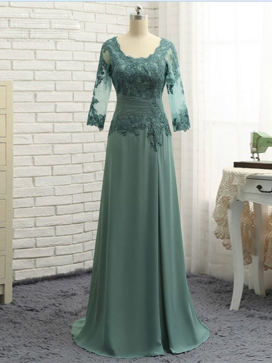 Sadie A-Line/Princess Chiffon Applique Scoop 3/4 Sleeves Sweep/Brush Train Mother of the Bride Dresses DEP0020418