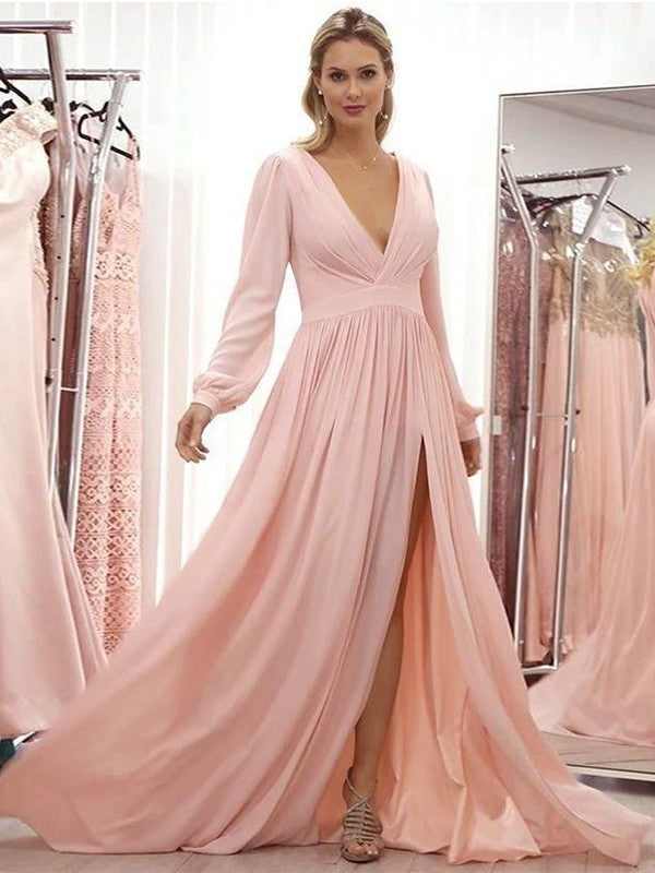 Marie A-Line/Princess Chiffon Ruffles V-neck Long Sleeves Sweep/Brush Train Mother of the Bride Dresses DEP0020429