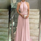 Val A-Line/Princess Stretch Crepe Ruffles Halter Sleeveless Floor-Length Mother of the Bride Dresses DEP0020441