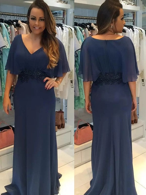 Jolie Sheath/Column Chiffon Applique V-neck Short Sleeves Sweep/Brush Train Mother of the Bride Dresses DEP0020284