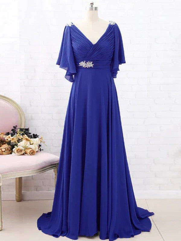 Charity A-Line/Princess Chiffon Beading V-neck Short Sleeves Sweep/Brush Train Mother of the Bride Dresses DEP0020288