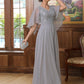 Lillian A-Line/Princess Chiffon Applique V-neck 1/2 Sleeves Floor-Length Mother of the Bride Dresses DEP0020334