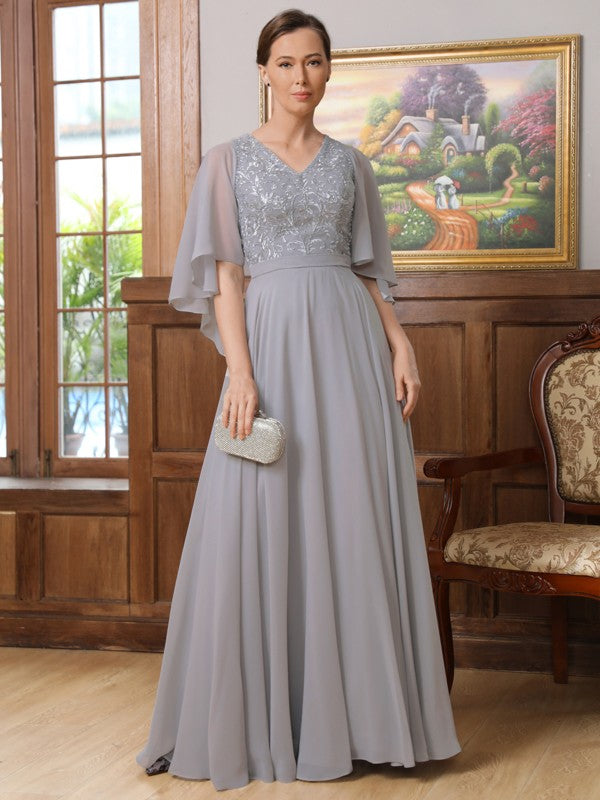 Lillian A-Line/Princess Chiffon Applique V-neck 1/2 Sleeves Floor-Length Mother of the Bride Dresses DEP0020334